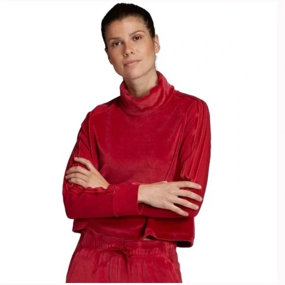 Adidas Red Mock Neck Turtleneck Velour Striped Arms - Picture 3 of 11